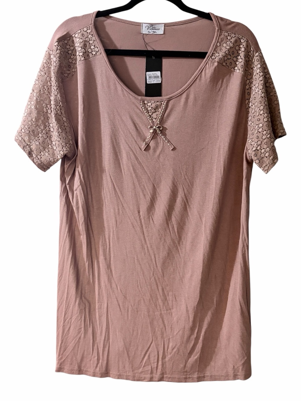 NWT Light Brown Lace Detail Embellished Stretch Knit Top